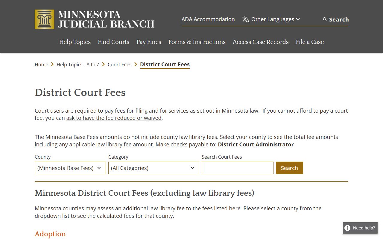 Swift County court records district court fee schedule screen