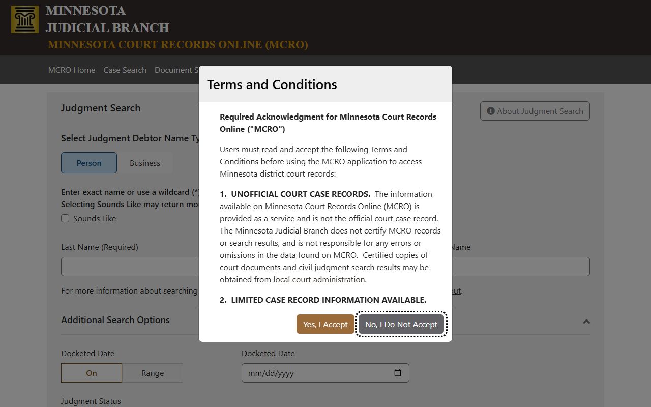 Swift County court records MCRO Judgment Search screen