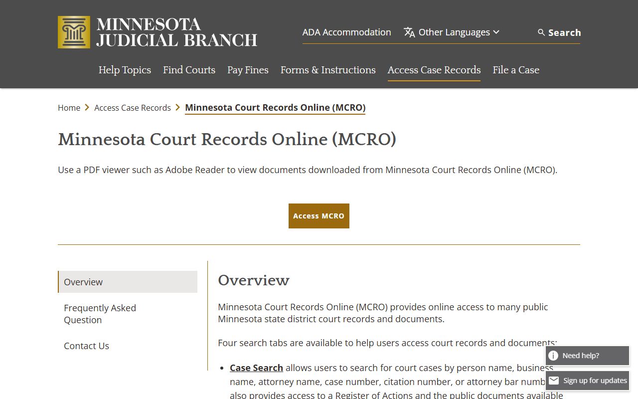 Swift County court records MCRO overview screen