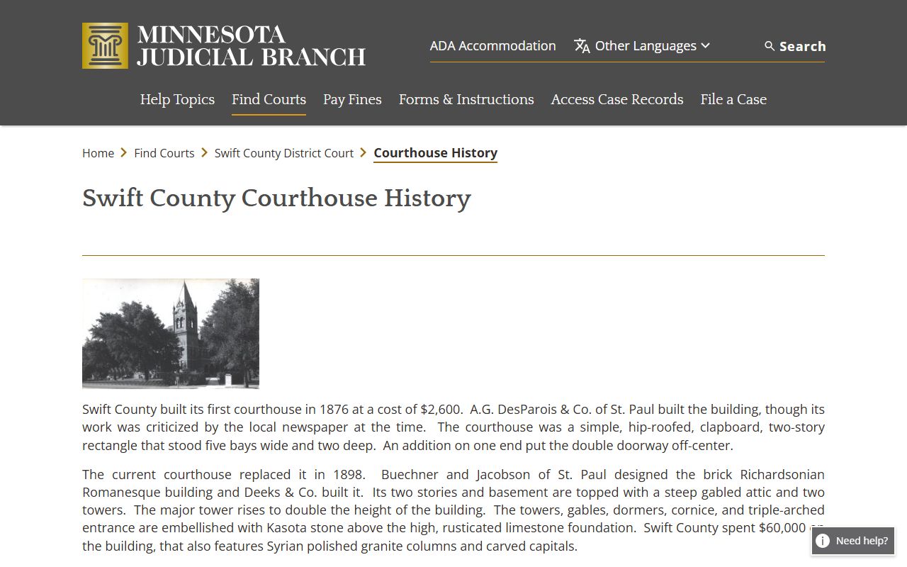Swift County District Court courthouse history records page