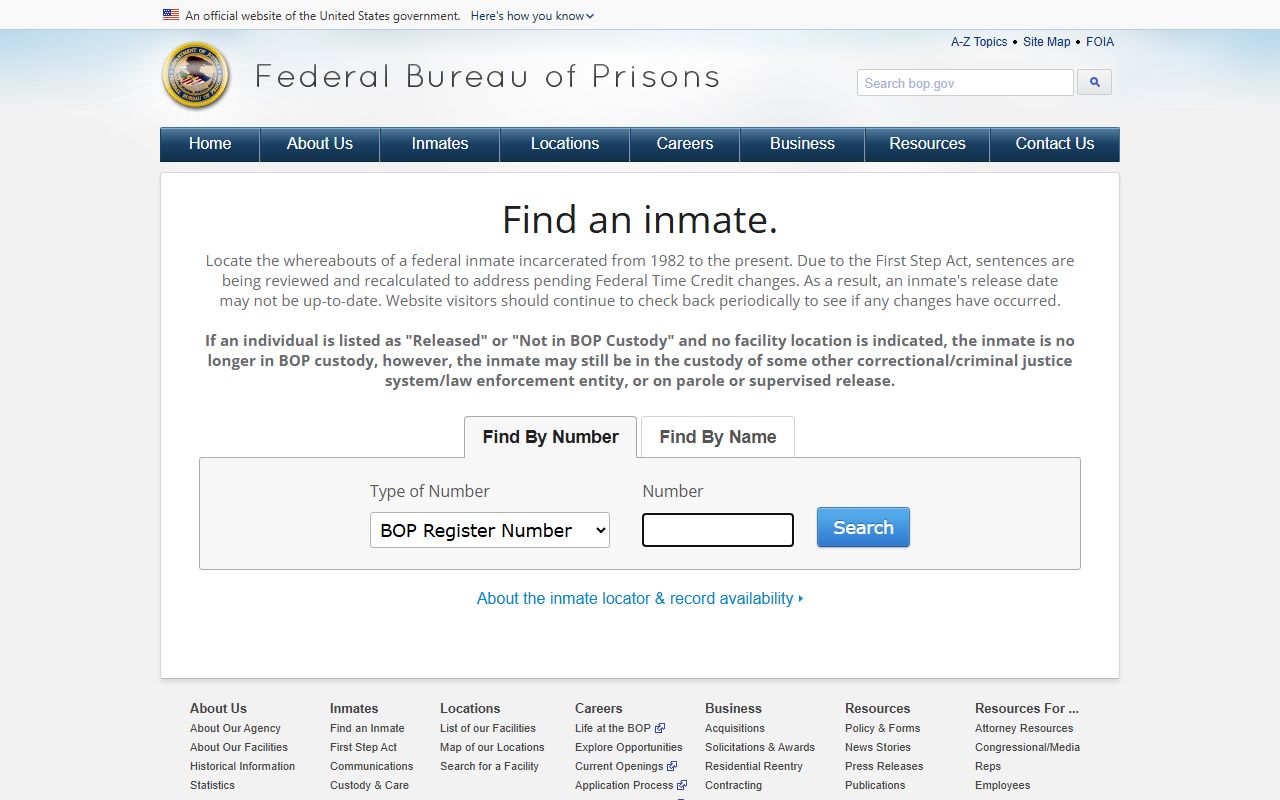 Federal Bureau of Prisons inmate locator screenshot