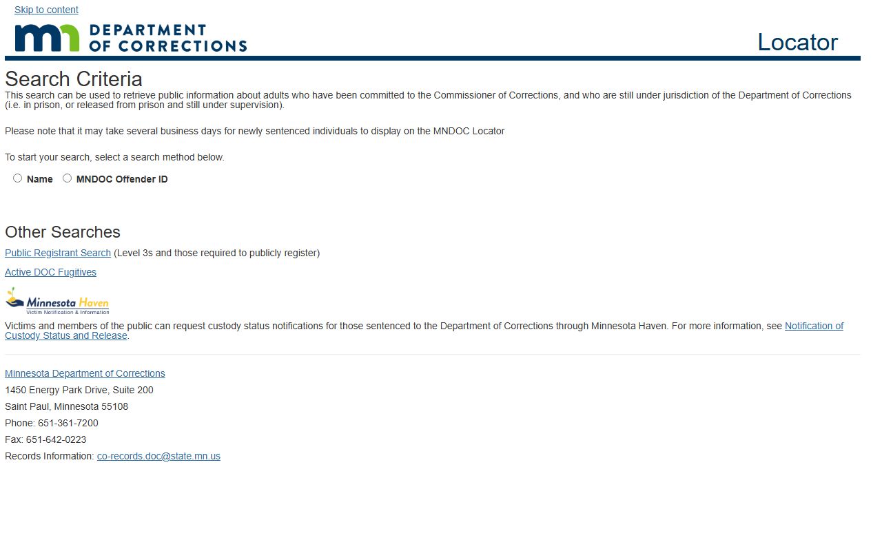 Minnesota Department of Corrections public locator screenshot