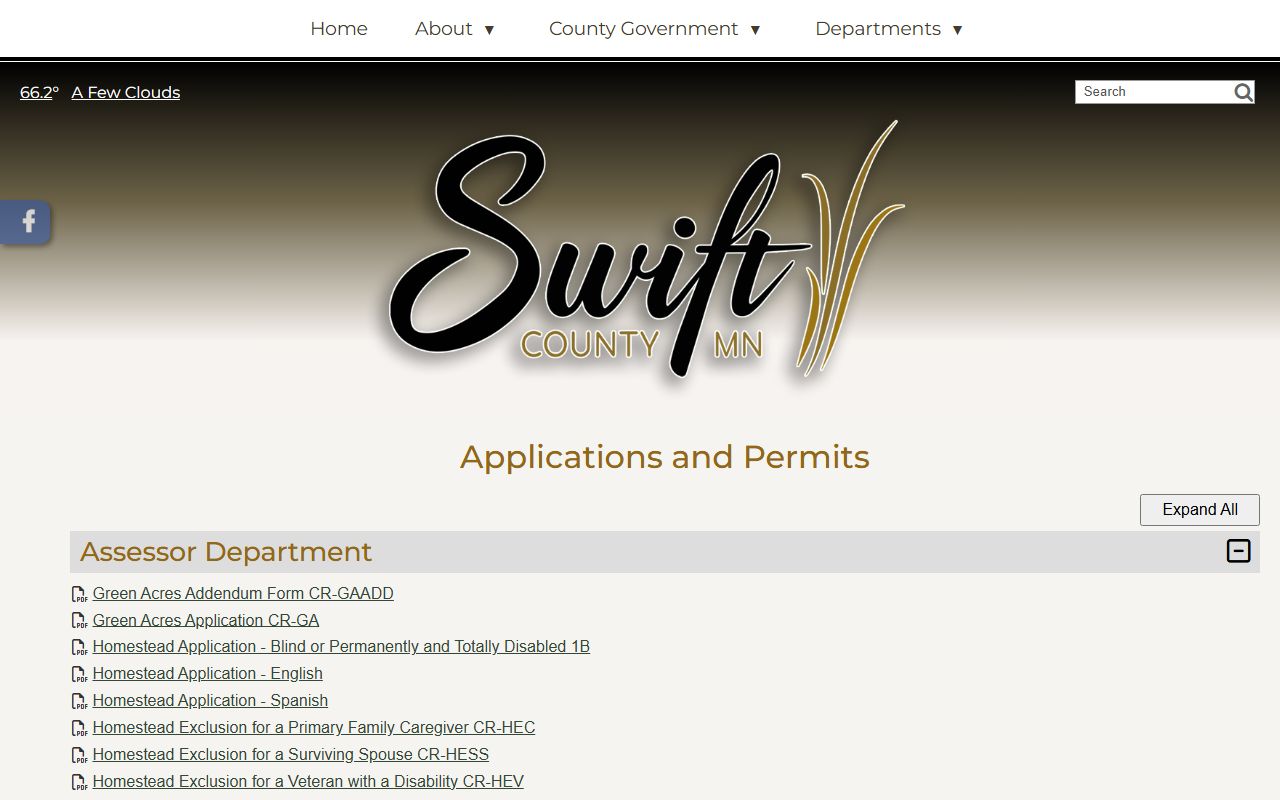Swift County Applications and Permits page screenshot