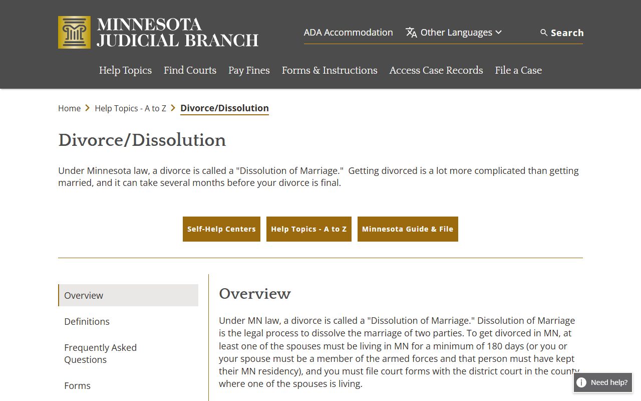 Minnesota divorce overview page screenshot