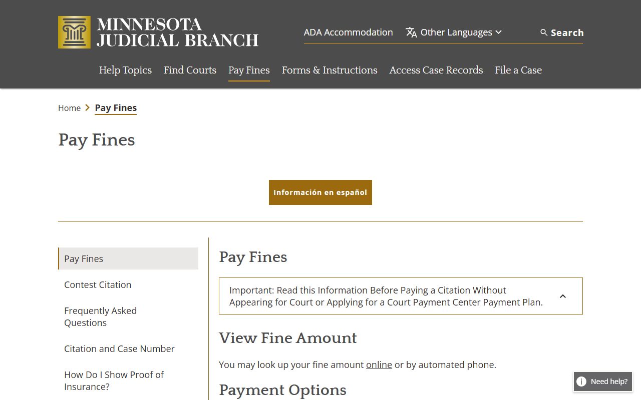 Minnesota Pay Fines and Citation Information page screenshot