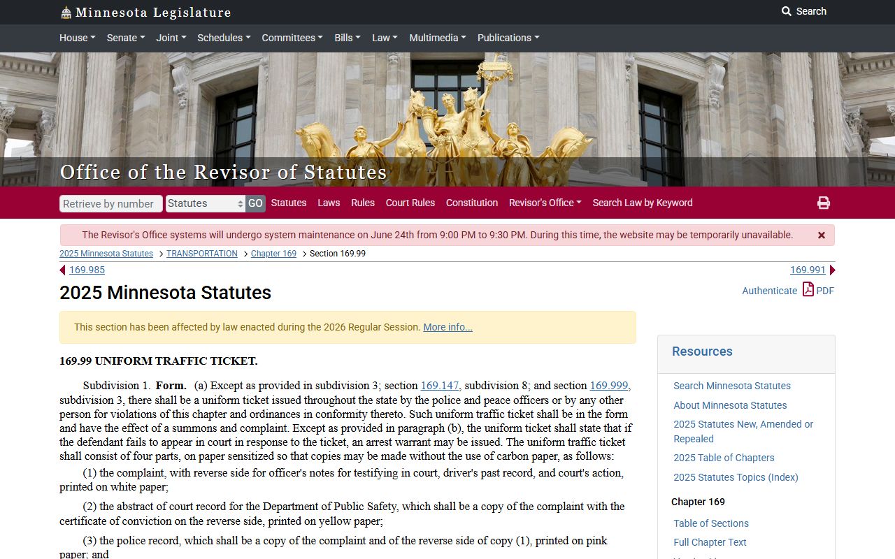 Uniform traffic ticket statute page screenshot