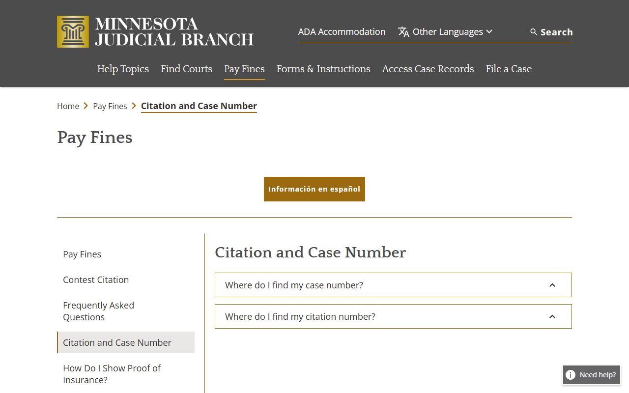Citation and case number help page screenshot