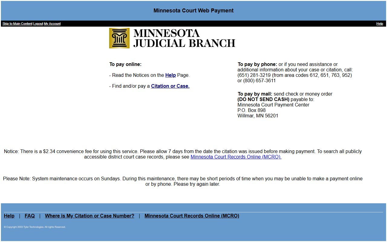 Minnesota Court Web Payment portal screenshot
