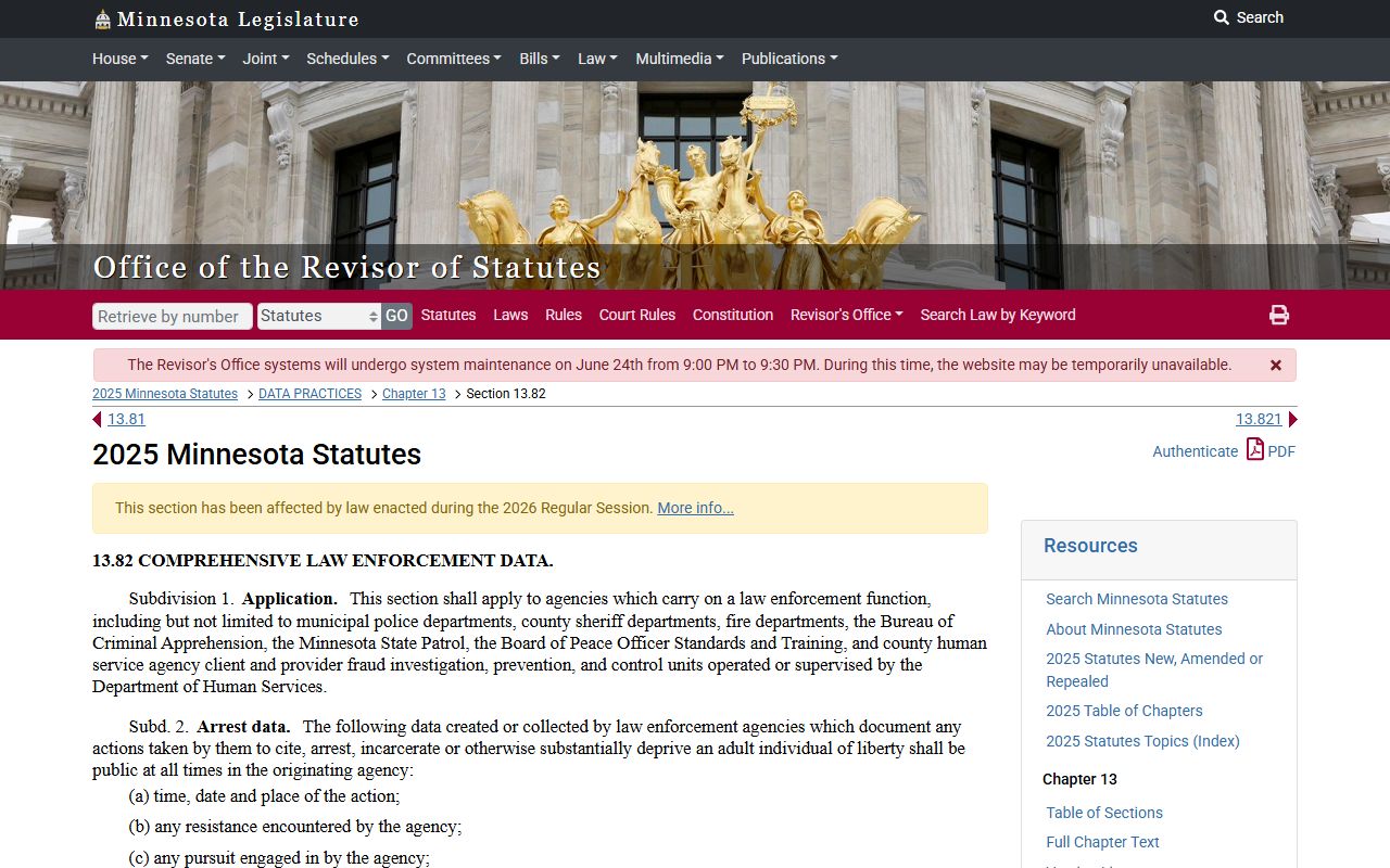 Minnesota law-enforcement data classifications page screenshot
