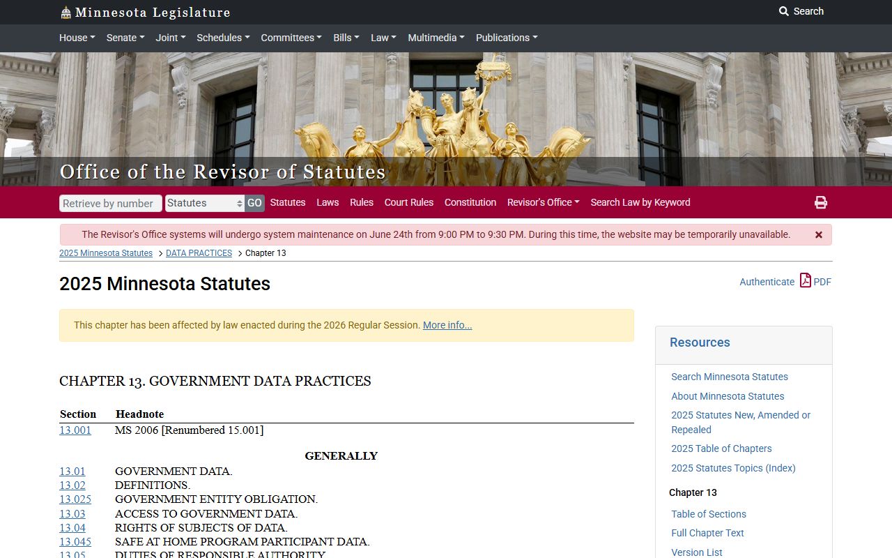 Minnesota Government Data Practices Act page screenshot