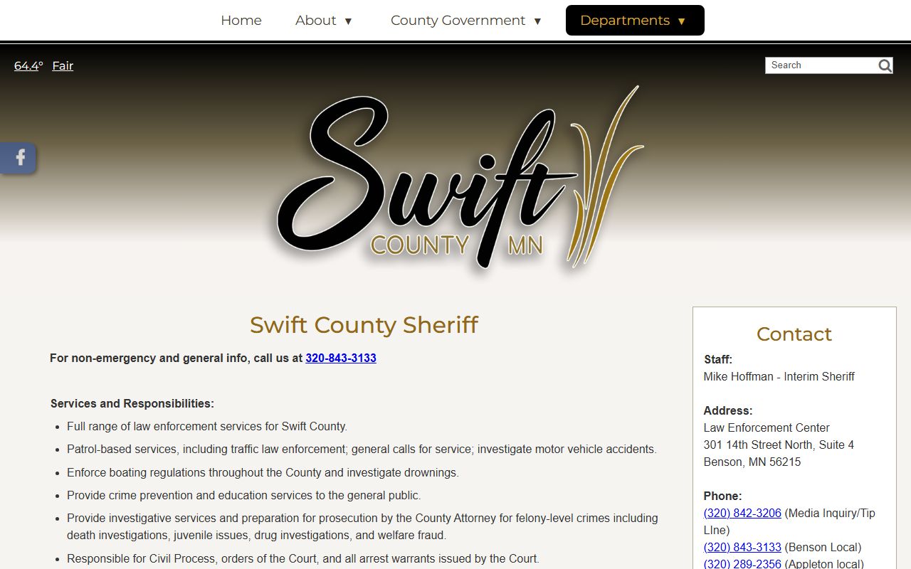 Swift County Sheriff page screenshot